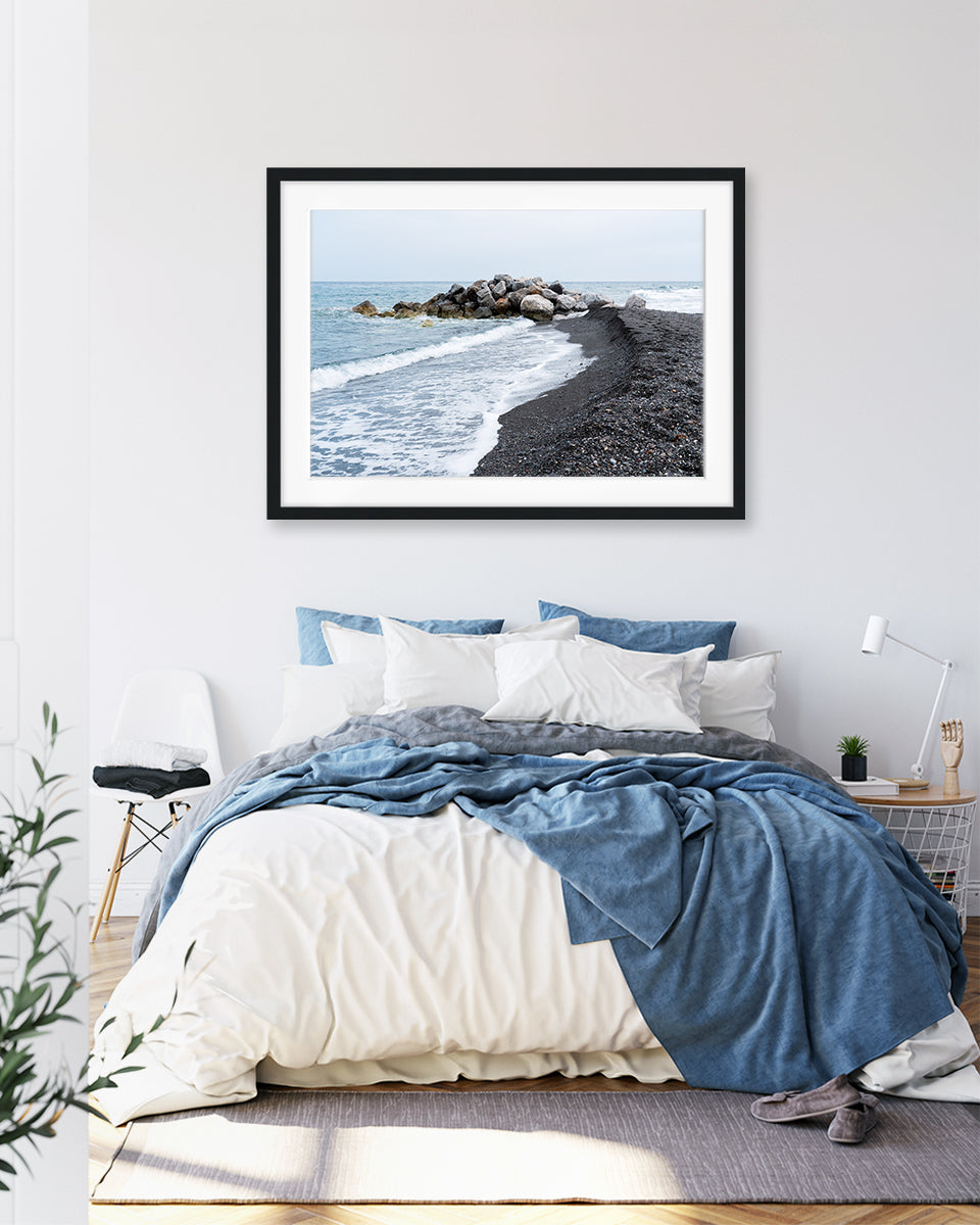 Black Beach Art Print, Santorini Greece