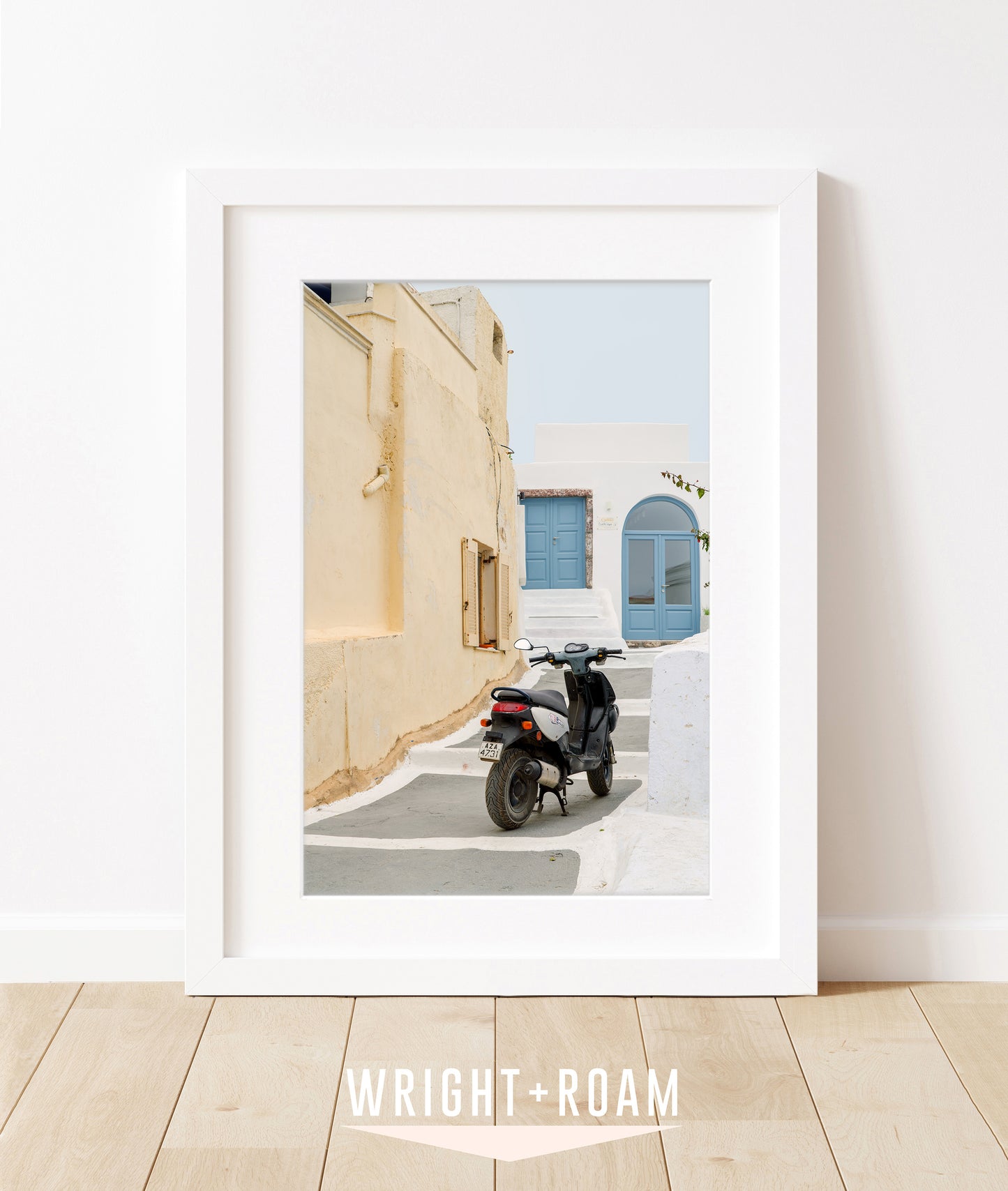 santorini greece architecture travel print, stucco white home, moped