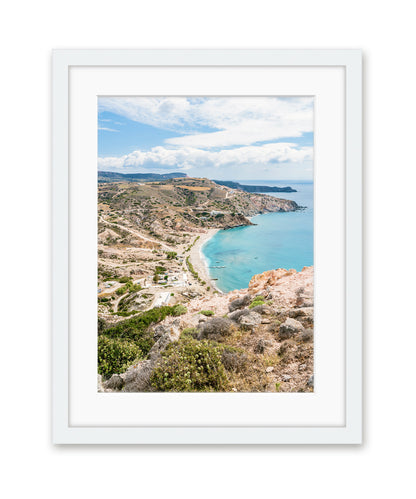 coastal seascape landscape, milos, greece white frame