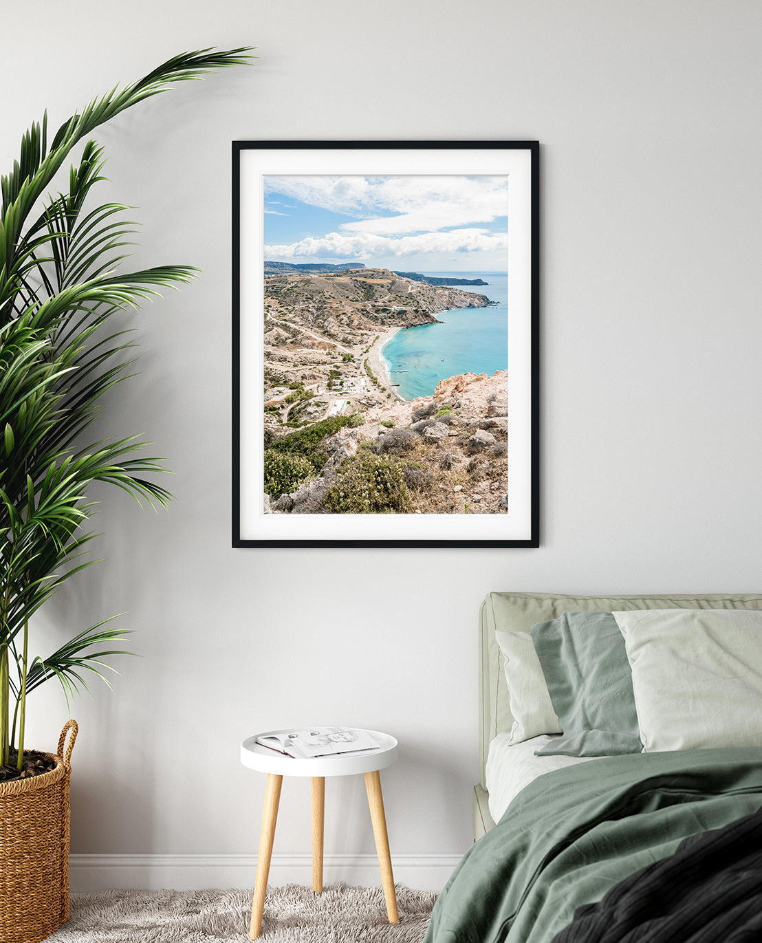 neutral, green bedroom featuring sandy sea coastal landscape