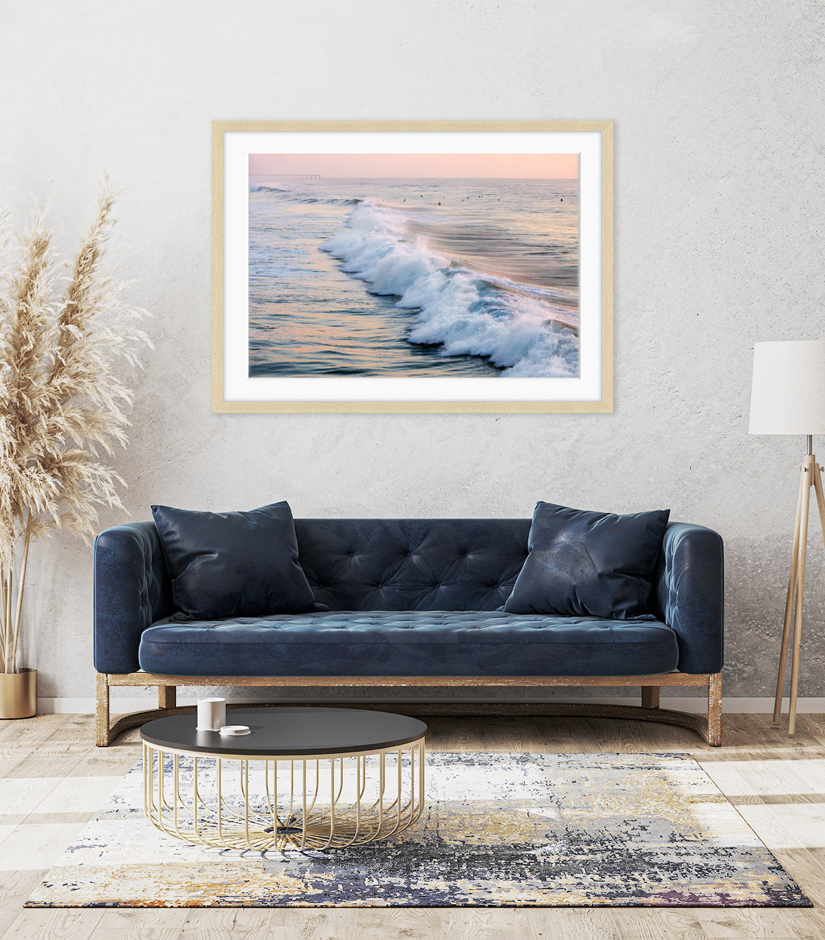 modern coastal decor blue and pink sunrise print