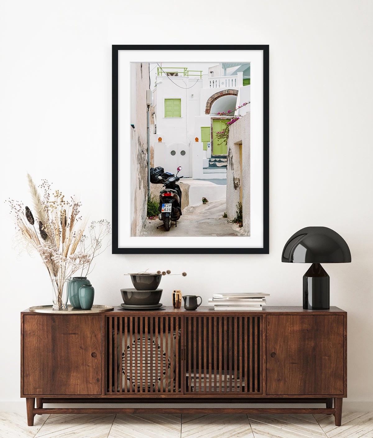 modern decor featuring neutral architecture print of santorini, greece