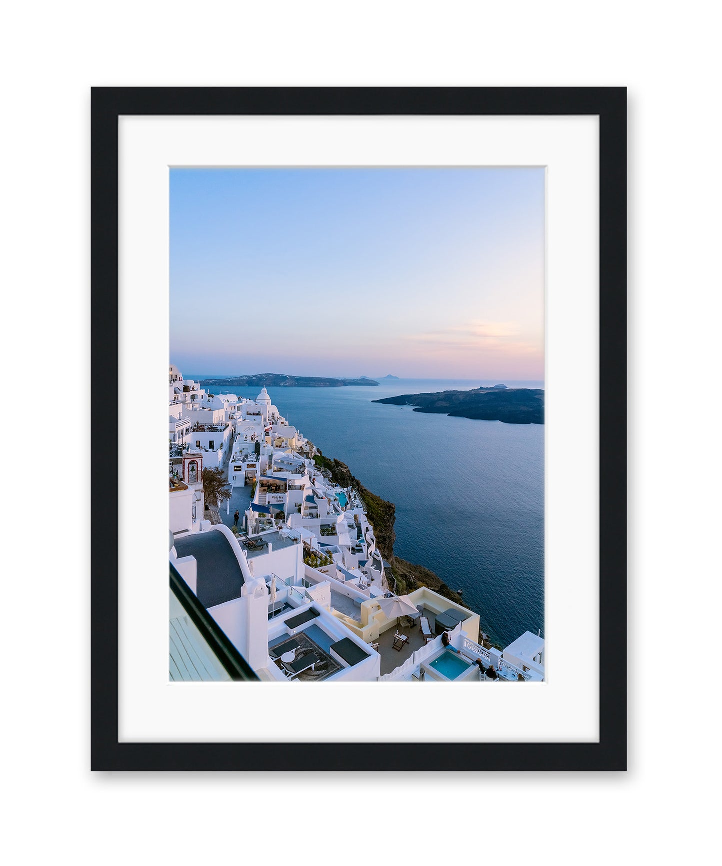 blue sunset caldera santorini, greece, black frame