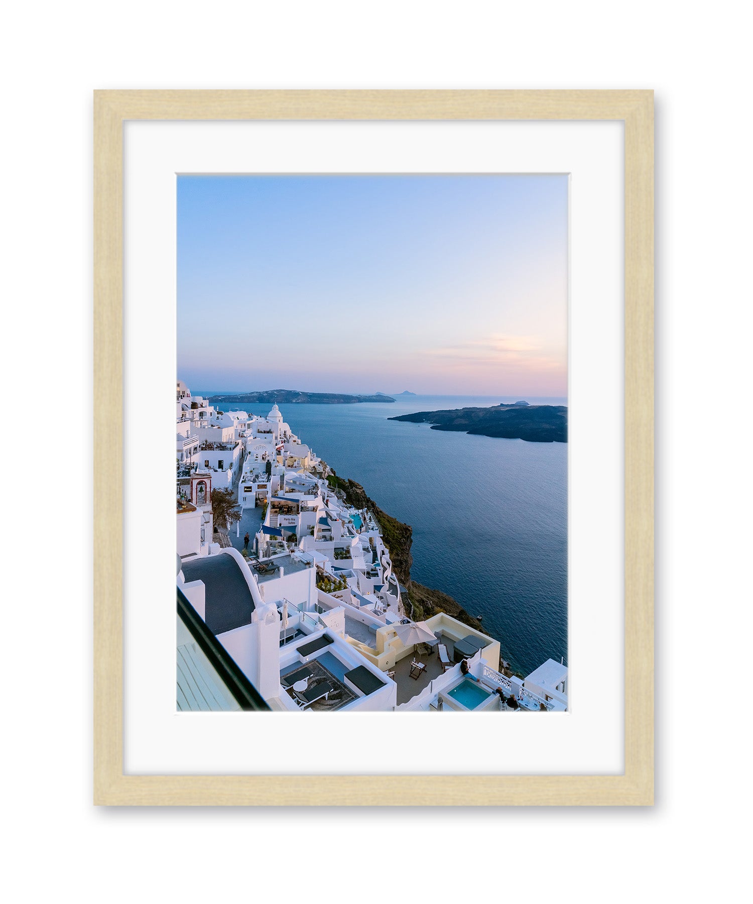 blue sunset caldera santorini, greece, wood frame