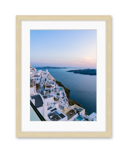 blue sunset caldera santorini, greece, wood frame