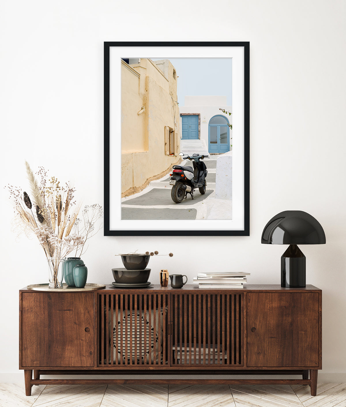 neutral decor featuring santorini greece travel print