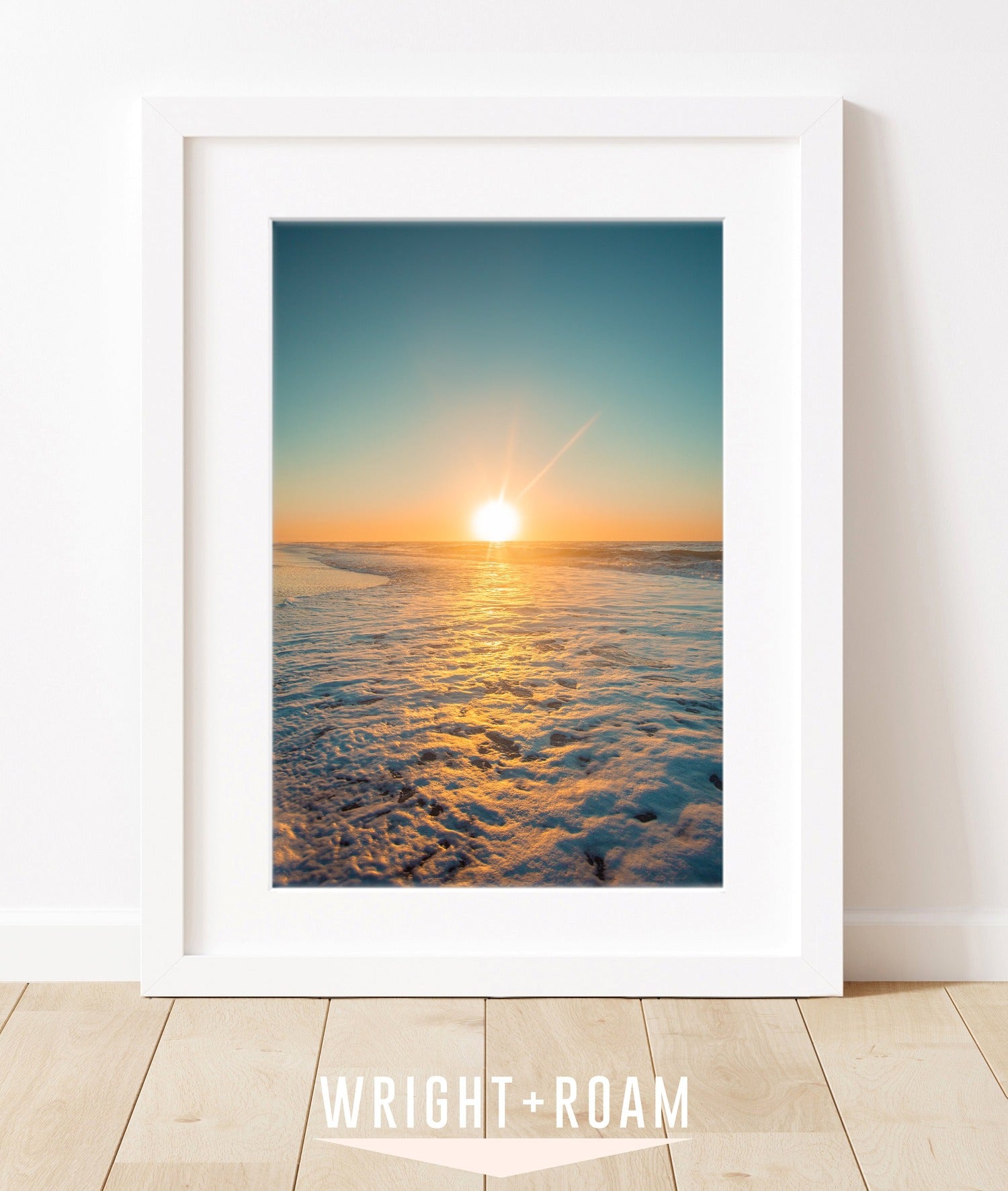 teal blue sunrise beach print, wright and roam