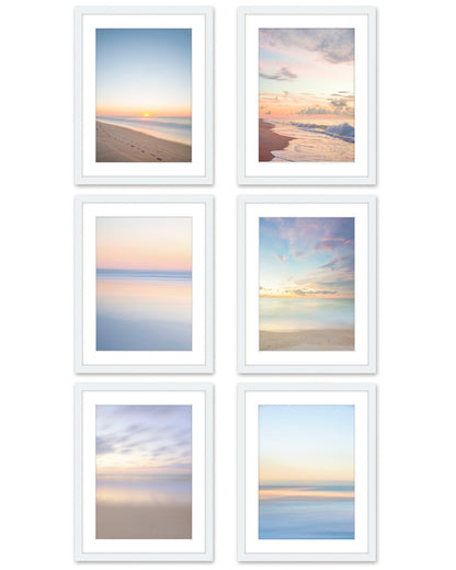 gallery wall, set of six abstract minimal beach prints, white wood frame, by Wright and Roam