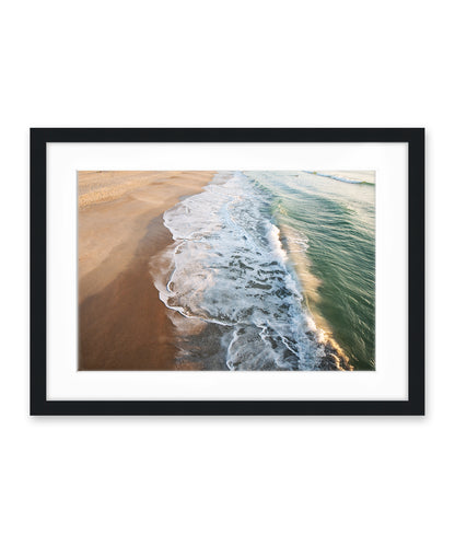 minimal aerial ocean waves, shoreline, black frame