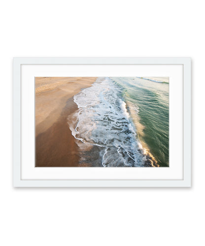 minimal aerial ocean waves, shoreline, white frame