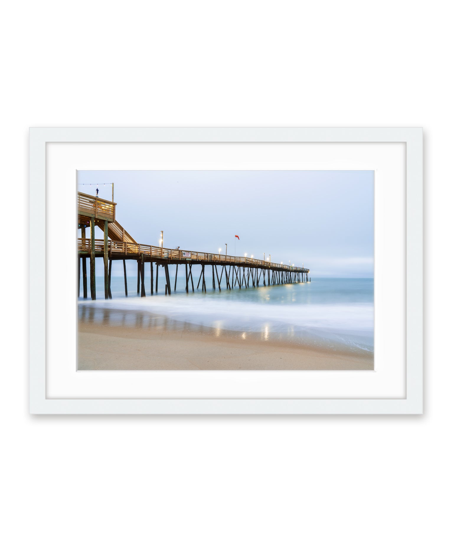 outer banks, avalon pier, blue beach wall art photograph by Wright and Roam, white Wood frame