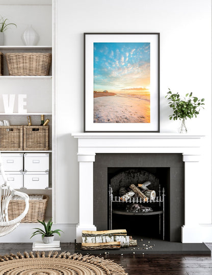 Modern White Living Room Decor Beach Print Framed Fireplace