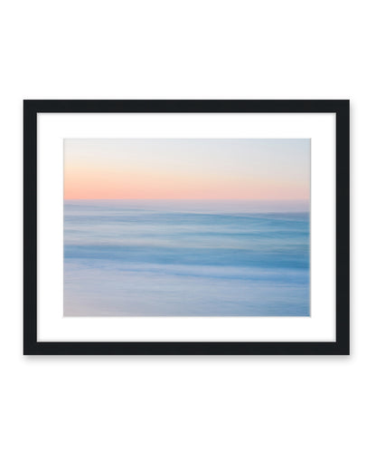 blue abstract minimal sunrise beach photograph, black wood frame by Wright and Roam