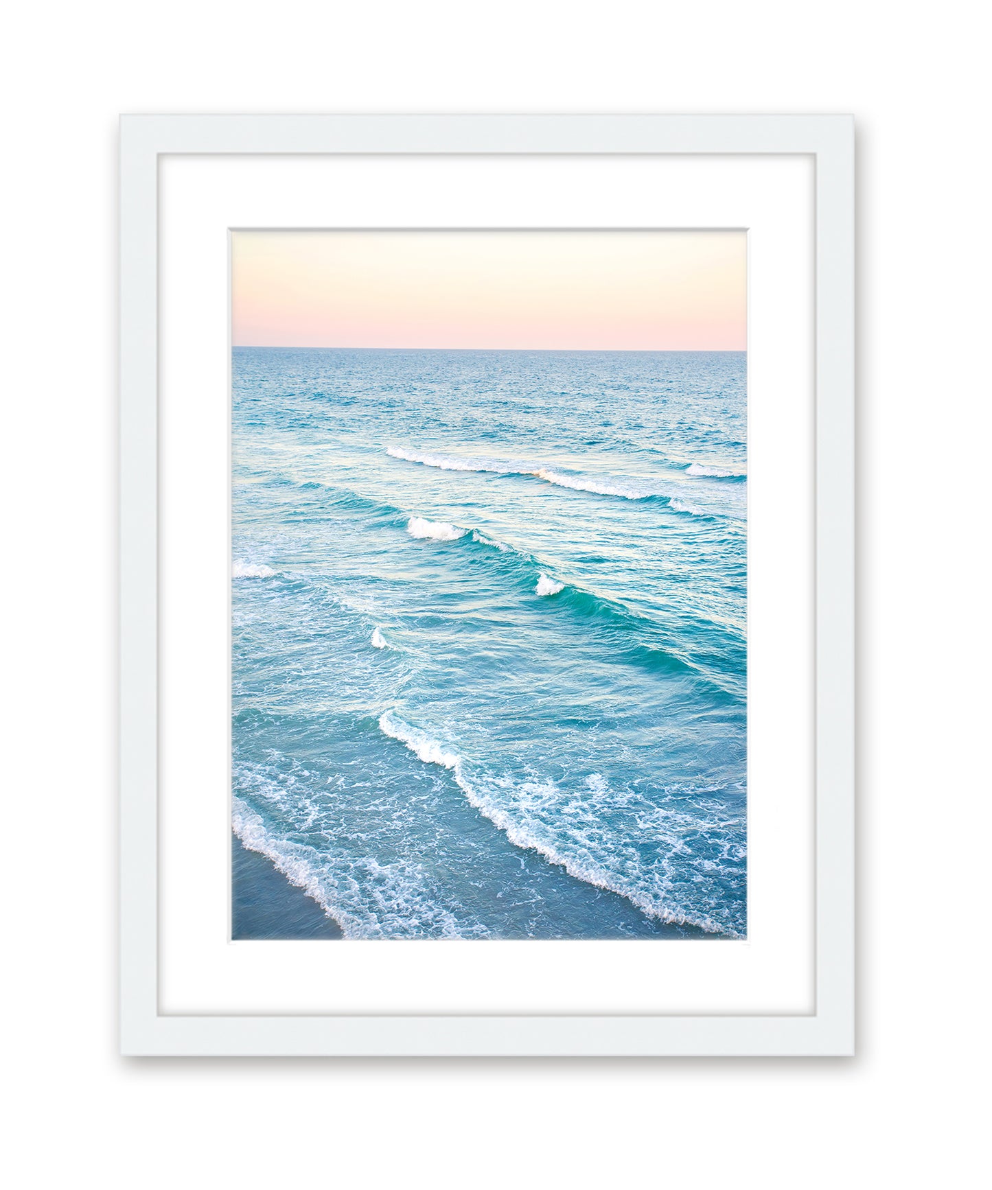 aerial photograph, sunset blue beach print, white frame, by Wright and Roam