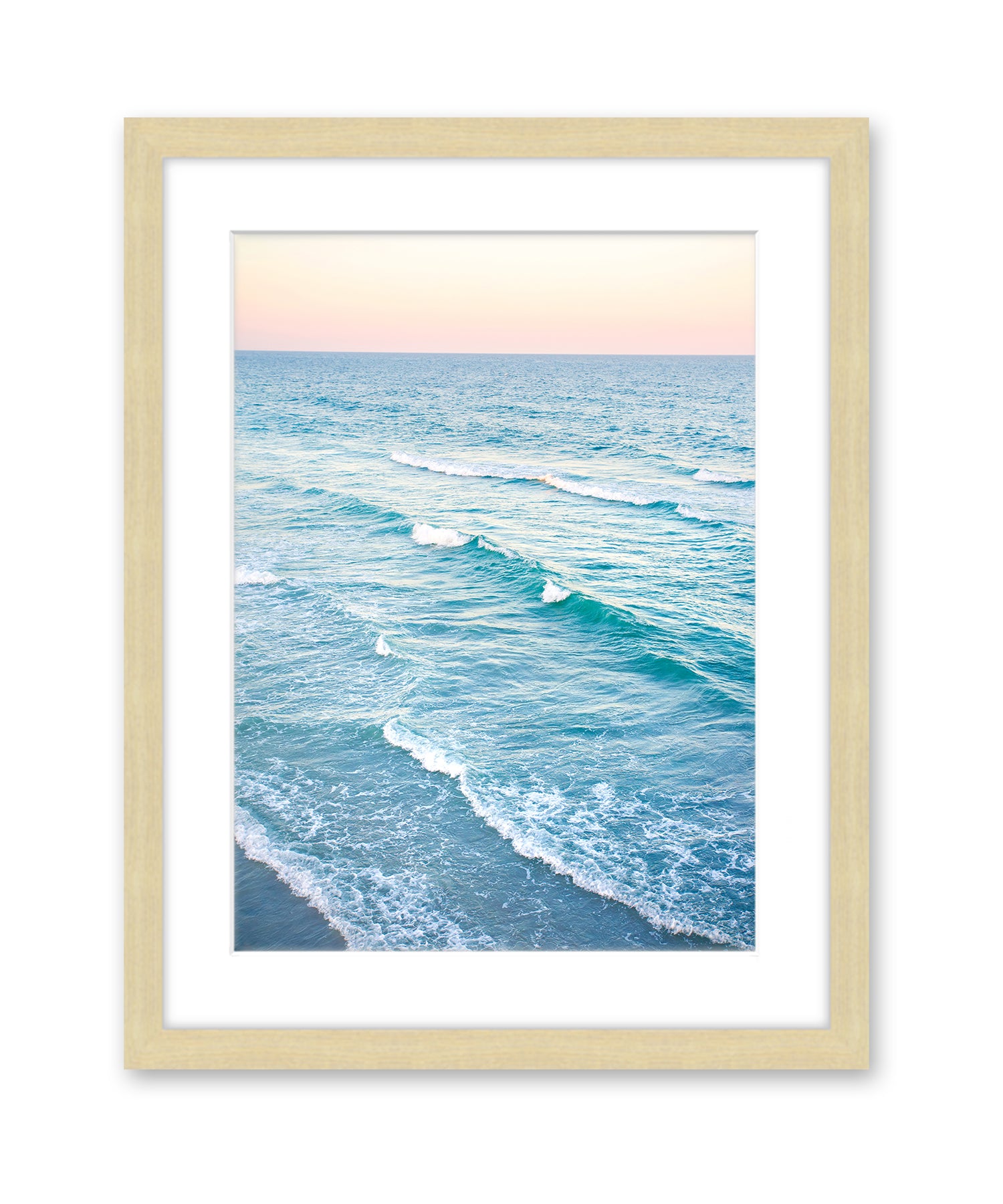 aerial photograph, sunset blue beach print, natural wood frame, by Wright and Roam