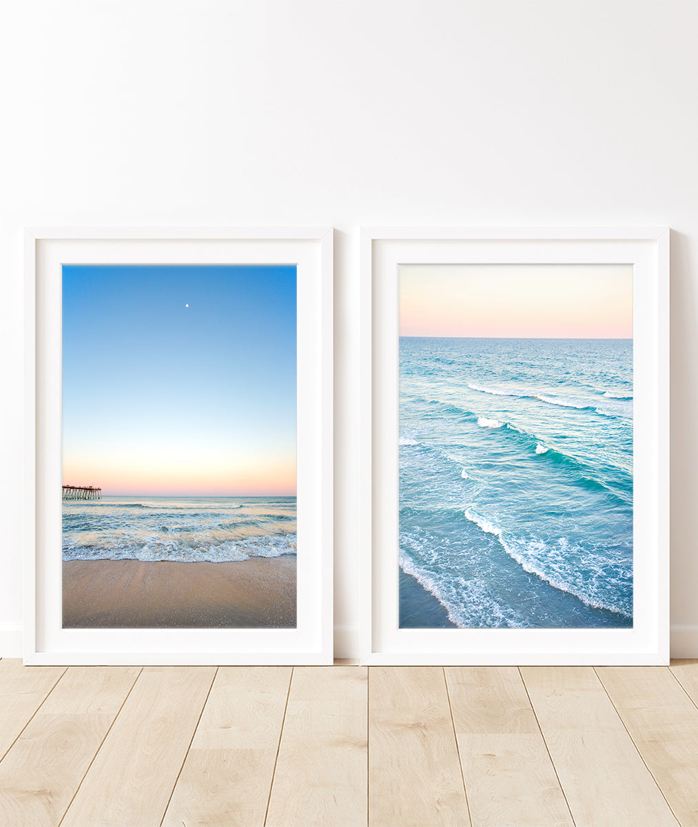 set of 2 blue beach photographs, wright and roam