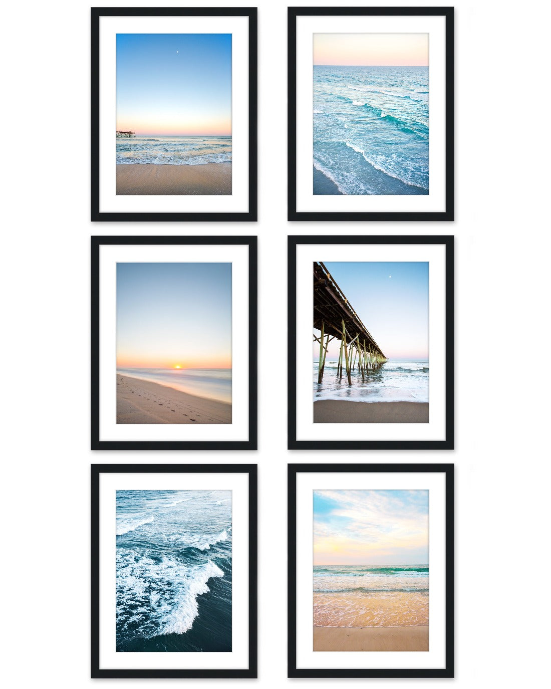 set of six blue beach photographs, black wood frame, by Wright and Roam