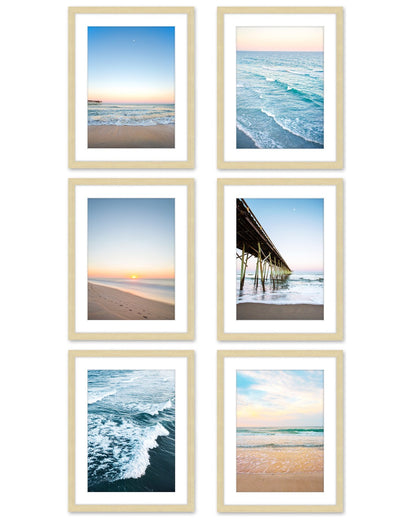 set of six blue beach photographs, natural wood frame, by Wright and Roam