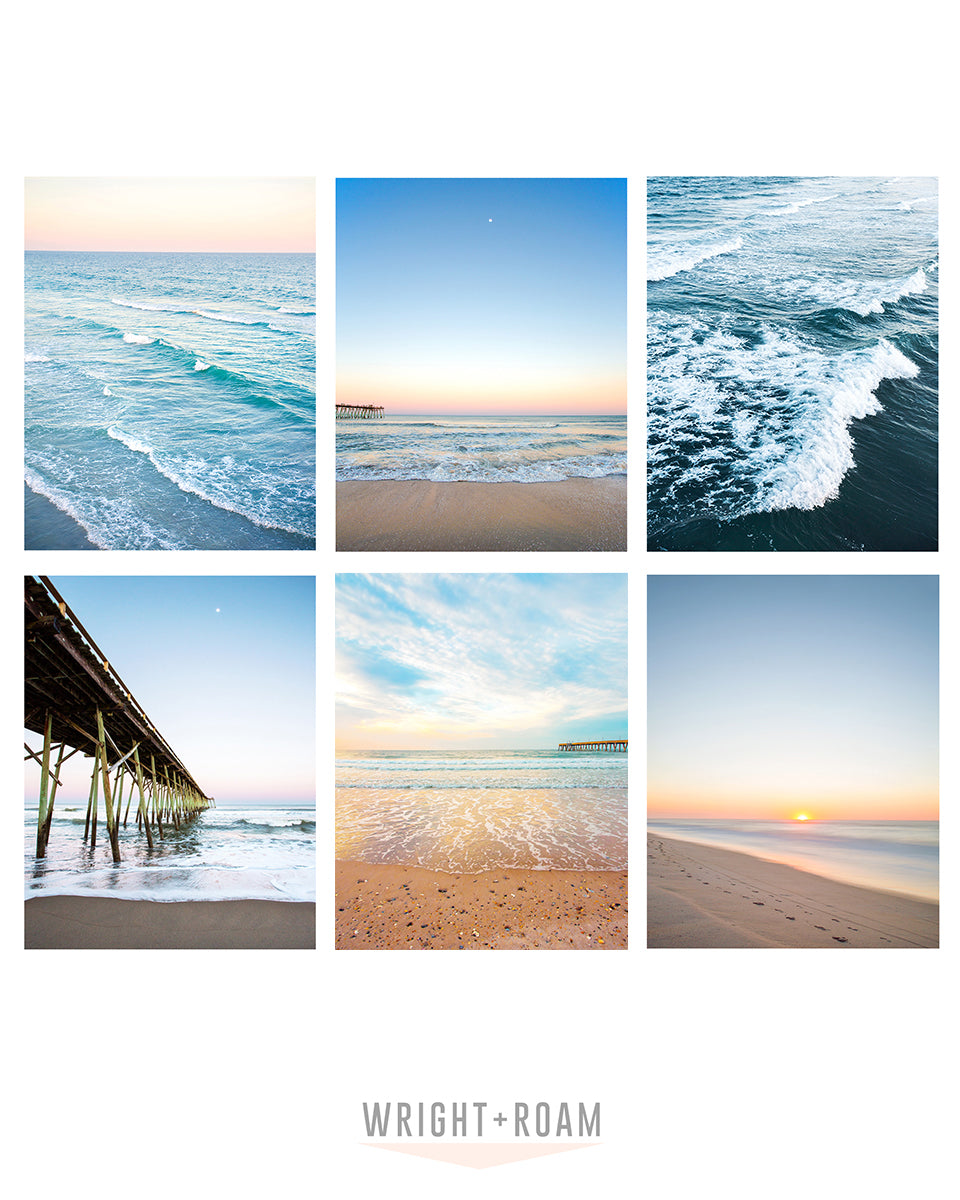 gallery wall set of six blue beach photographs, Wright and Roam