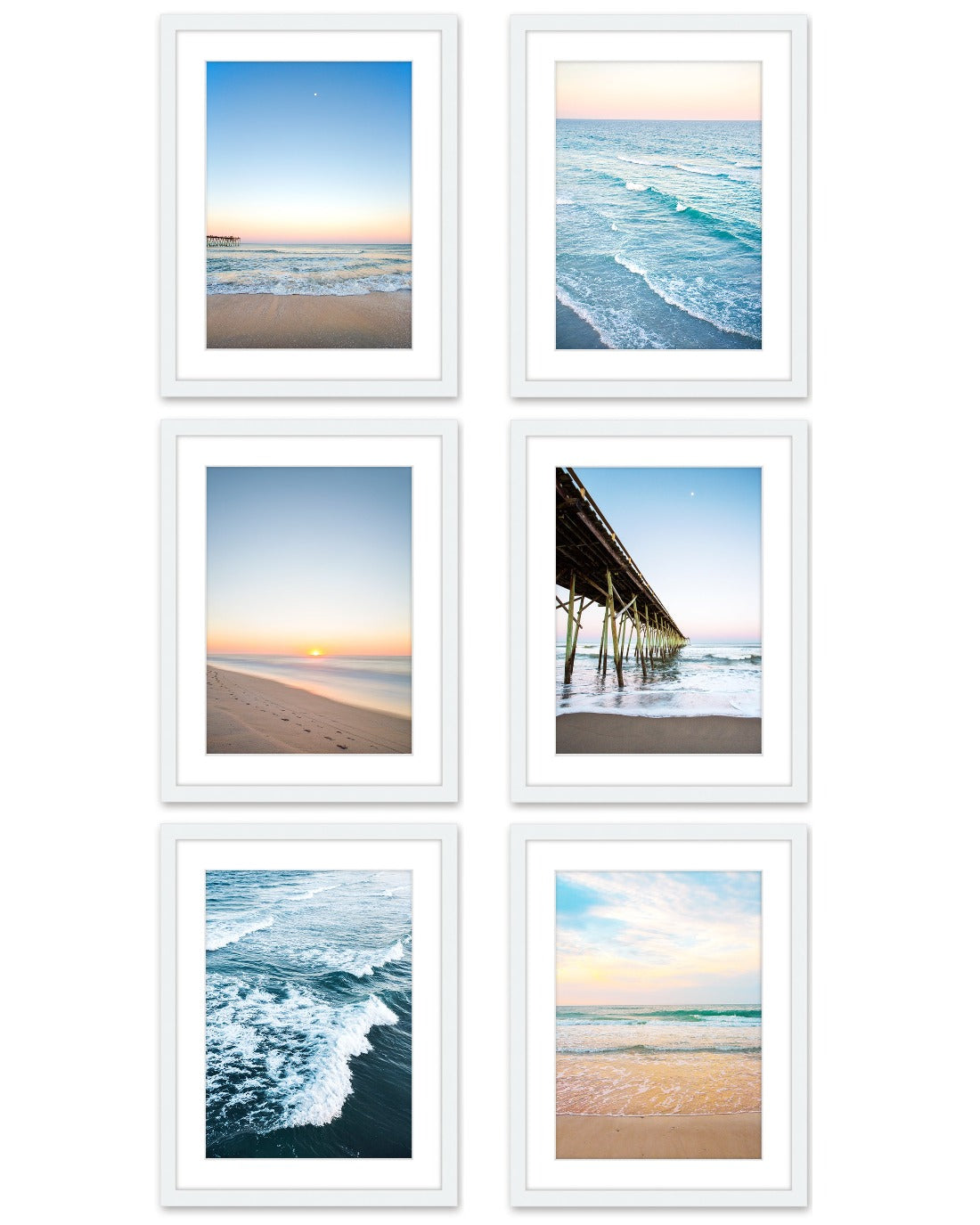 set of six blue beach photographs, White wood frame, by Wright and Roam