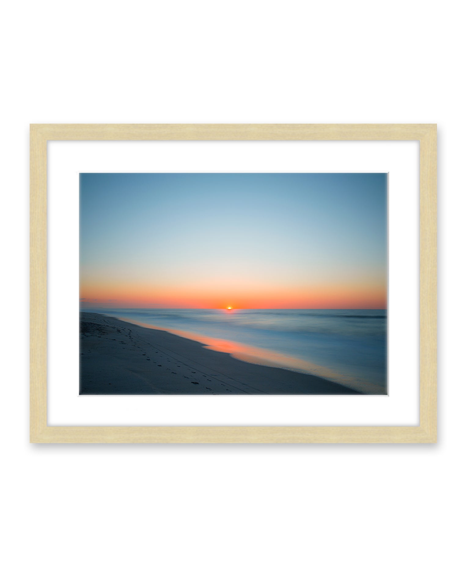 deep blue sunrise beach photograph, natural wood frame, by Wright and Roam