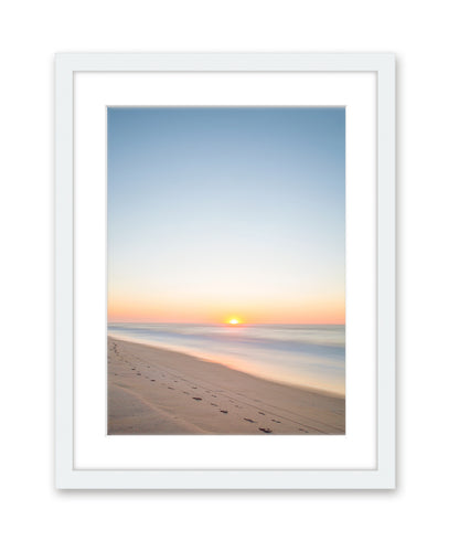 calming blue sunrise beach photograph white frame, wright and roam