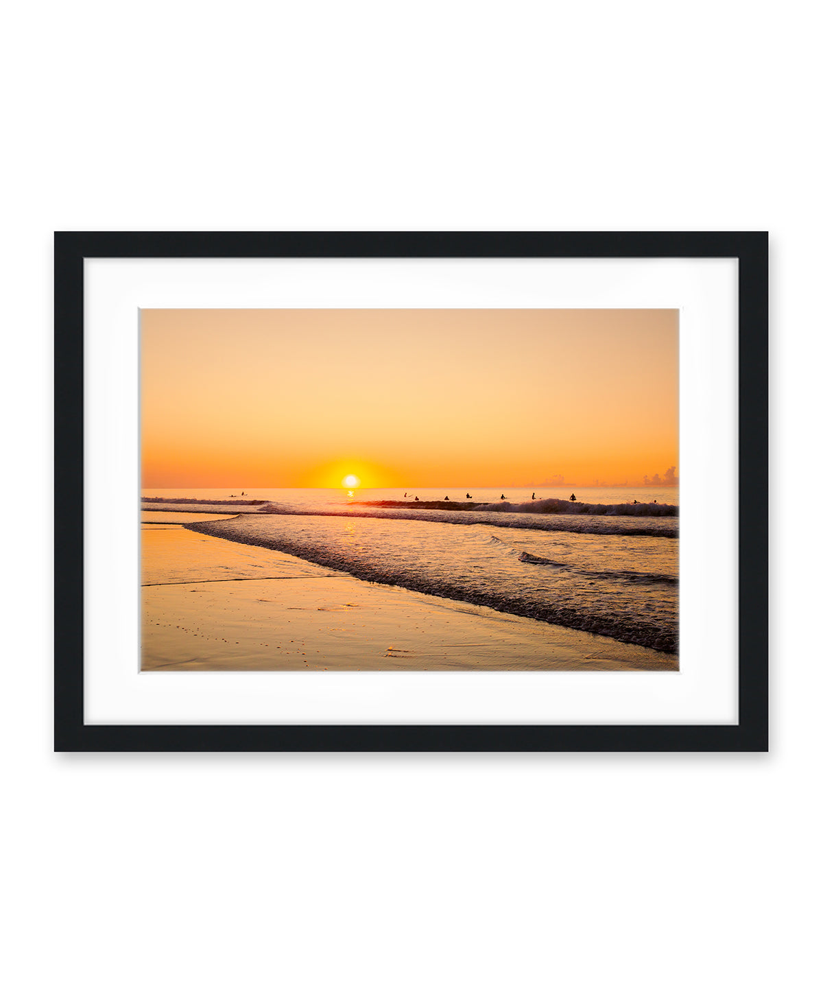 golden sunrise surf print, black frame