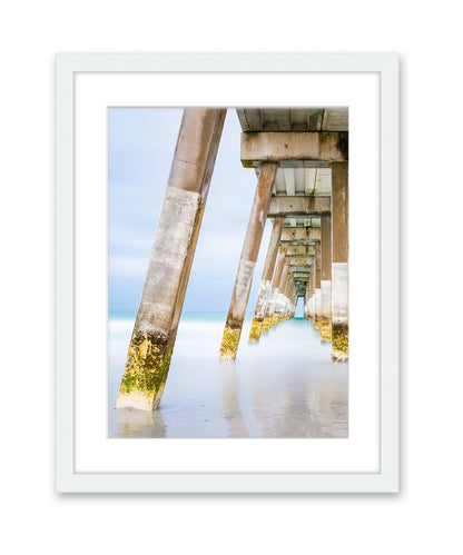 blue pier beach photograph, white wood frame by Wright and Roam