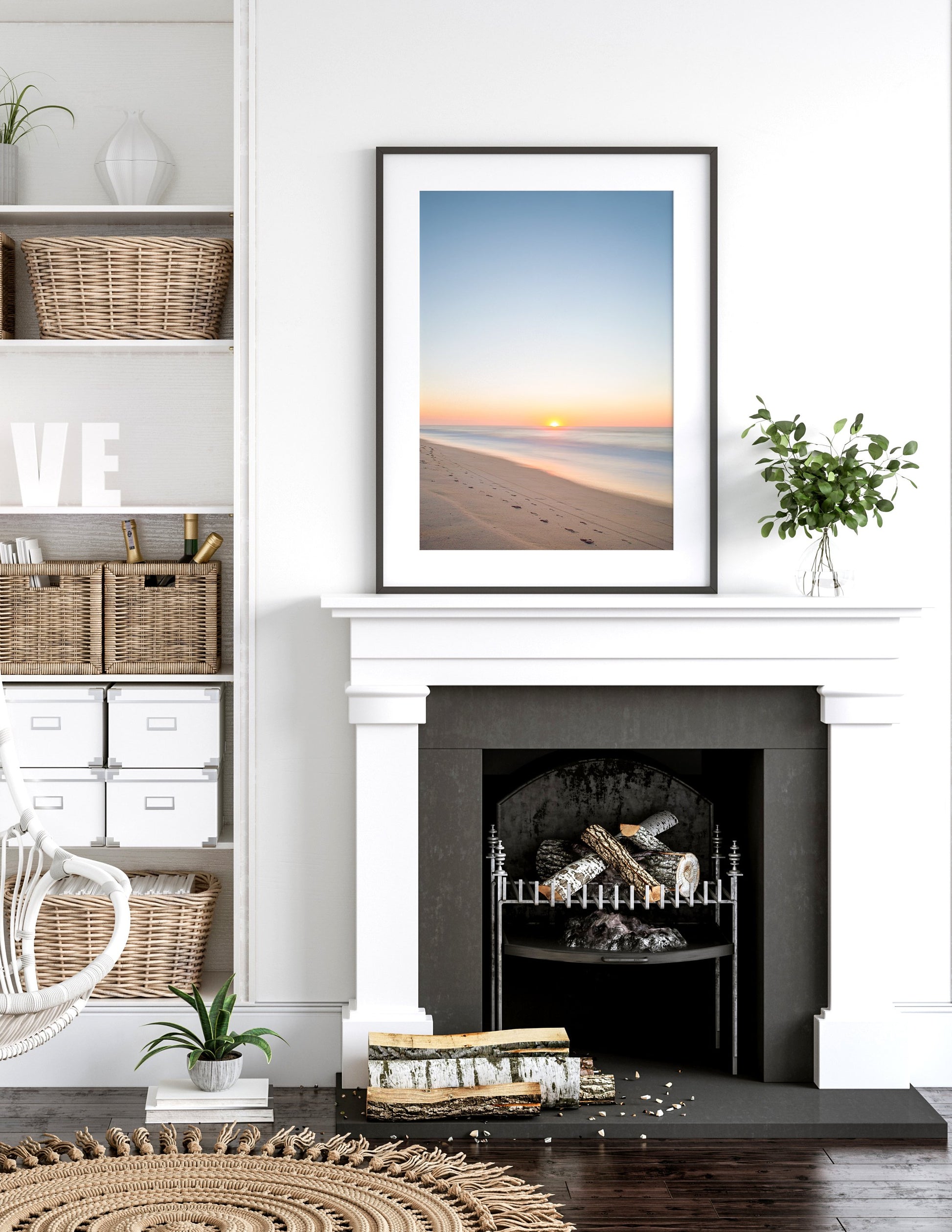 modern white living room decor, framed blue beach photograph