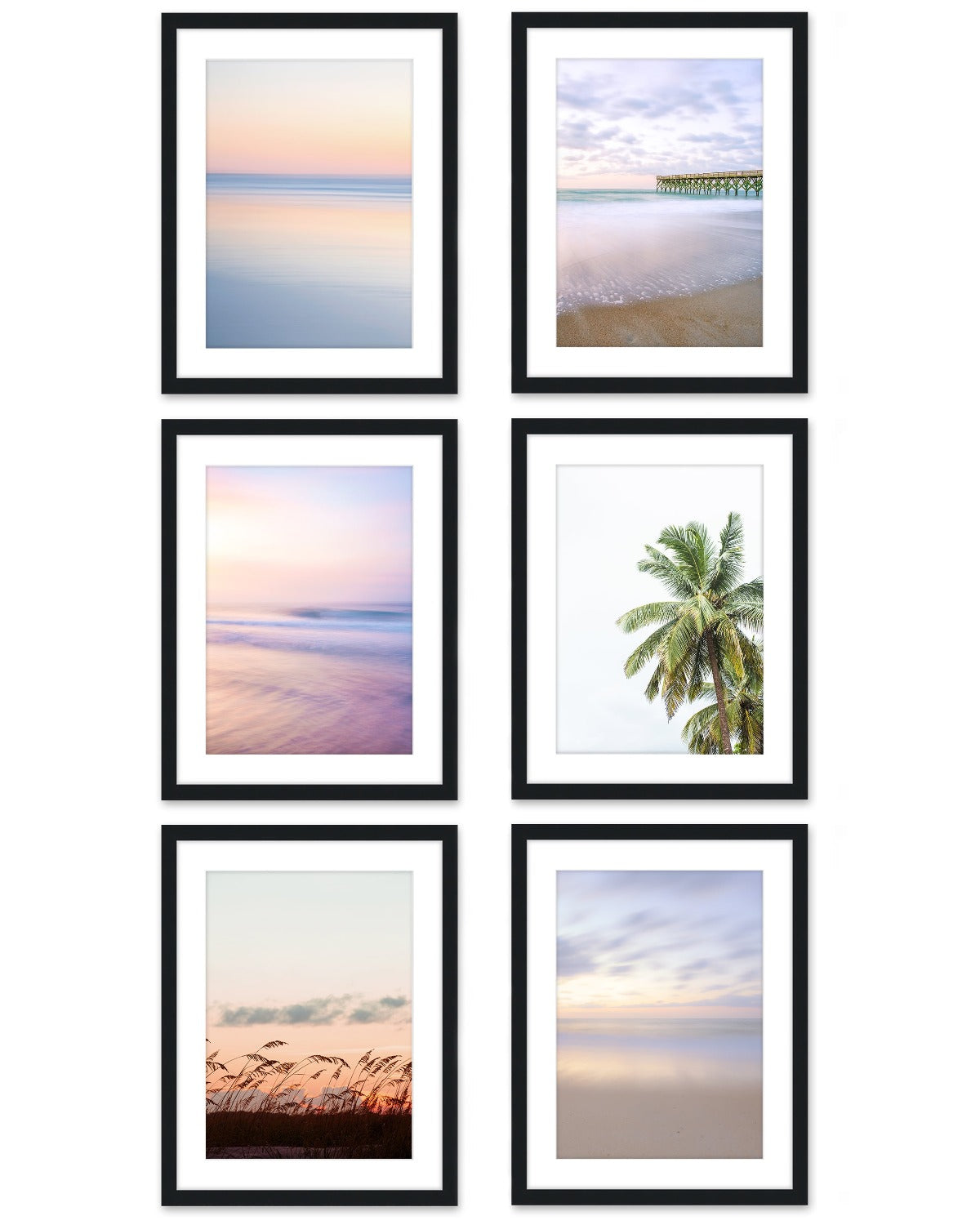 set of six pastel pink sunrise beach prints, black wood frame by Wright and Roam