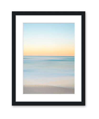 Blue Yellow minimal print beach sunrise photograph, black frame by Wright and Roam