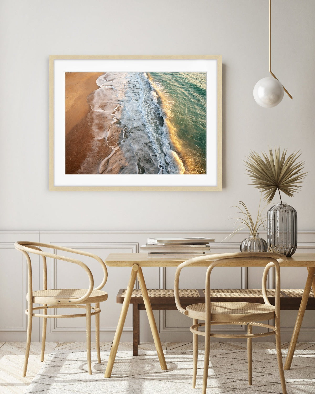 dining room decor, large framed aerial beach photograph