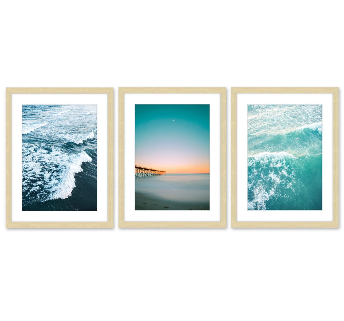 set of 3 teal blue sunset beach photographs, natural wood frame by Wright and Roam