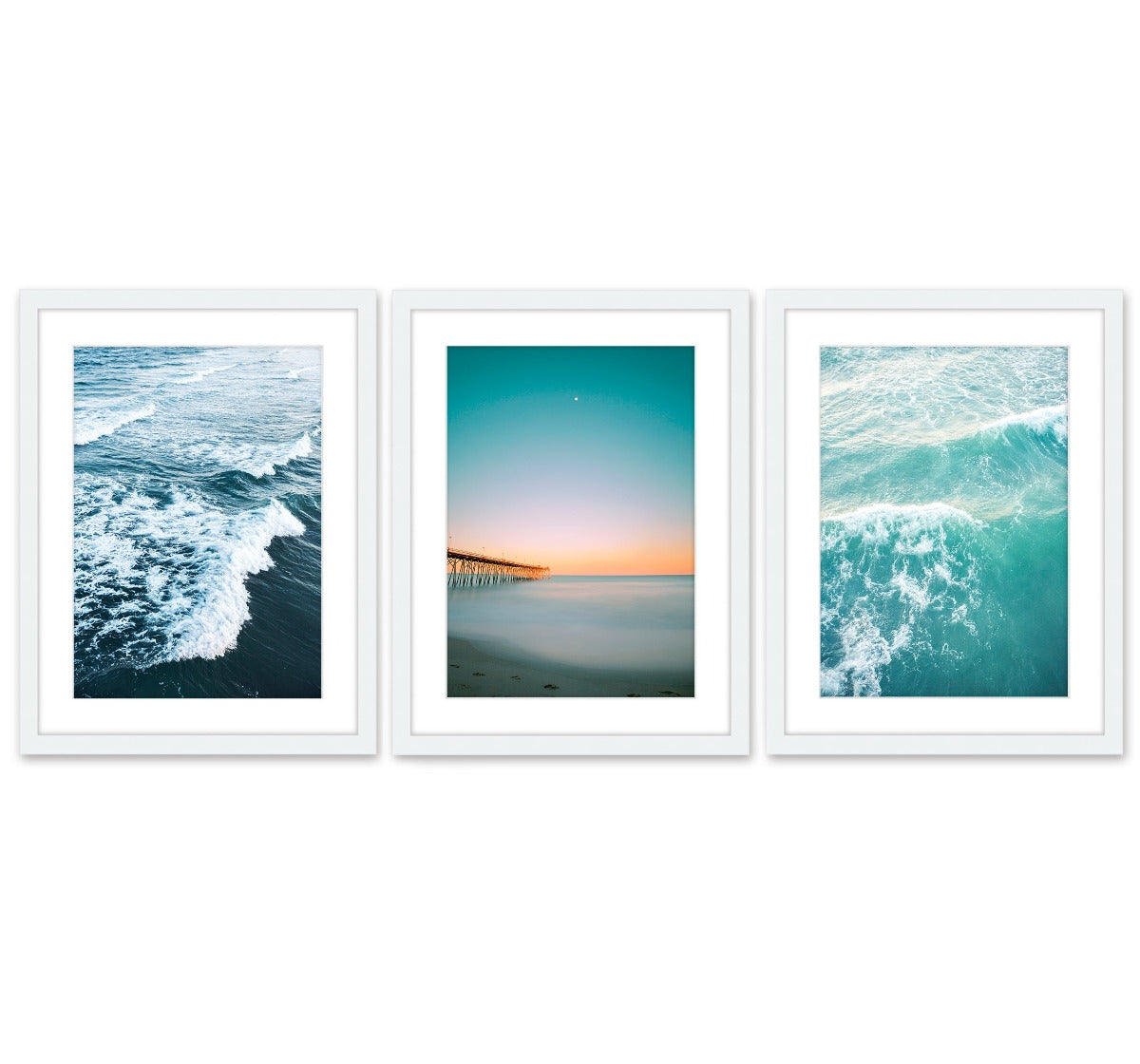 set of 3 teal blue sunset beach photographs, white wood frame by Wright and Roam