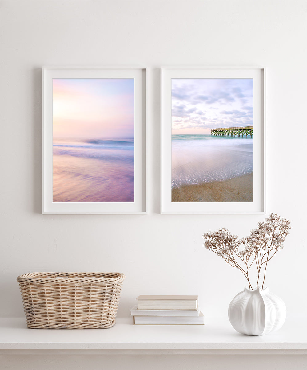 coastal beach house decor, pastel pink and purple sunrise beach photographs