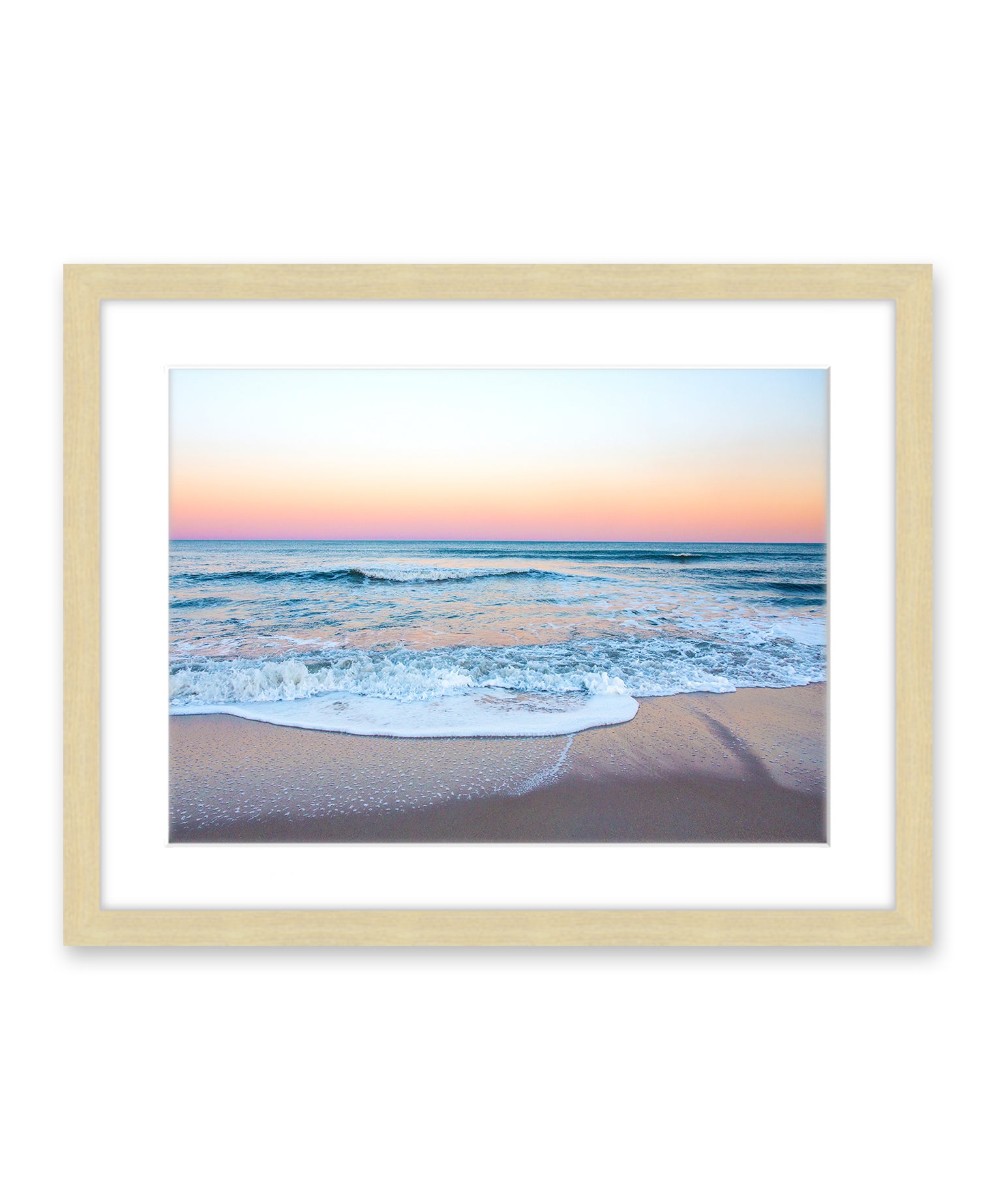 blue rainbow sunset beach photograph, natural wood frame, by Wright and Roam