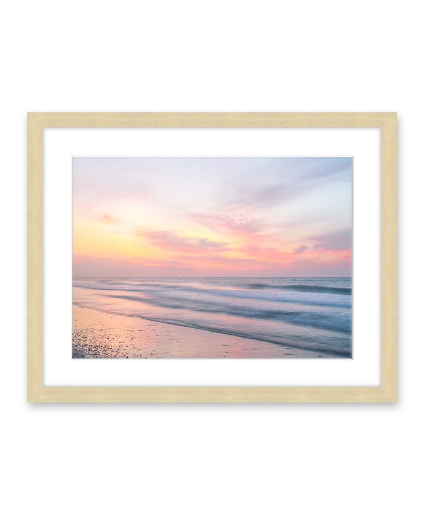 abstract pastel sunrise beach photograph, natural wood frame by Wright and Roam