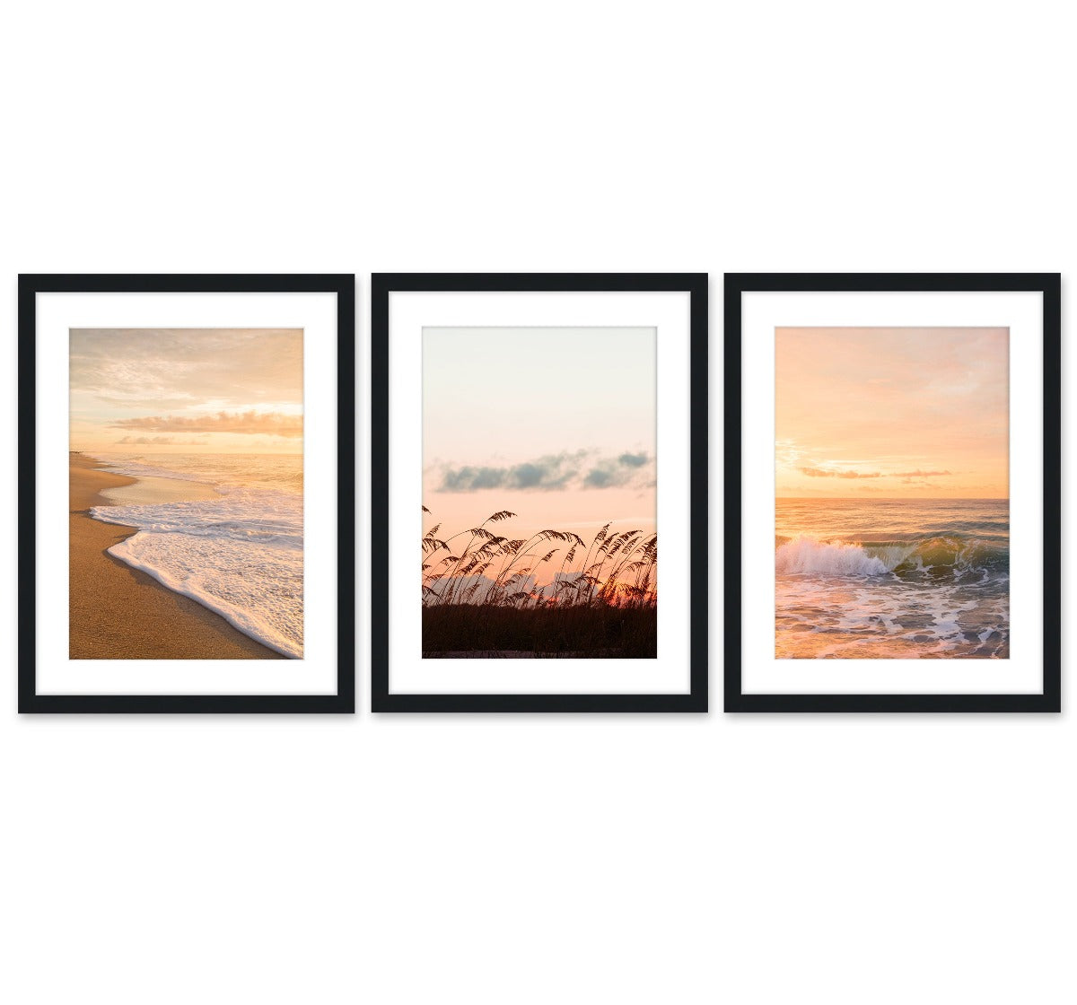 warm sunset beach photograph, set of 3, black frames by Wright and Roam