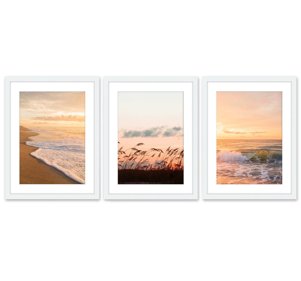 warm sunset beach photograph, set of 3, white frames by Wright and Roam