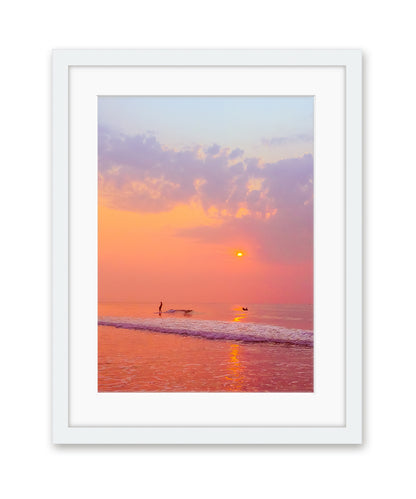 sunrise surf beach print, white frame