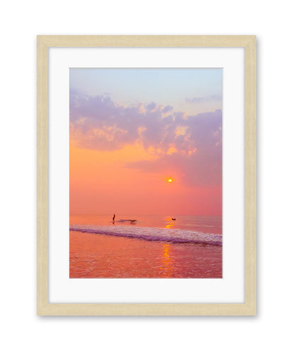 sunrise surf beach print, wood frame