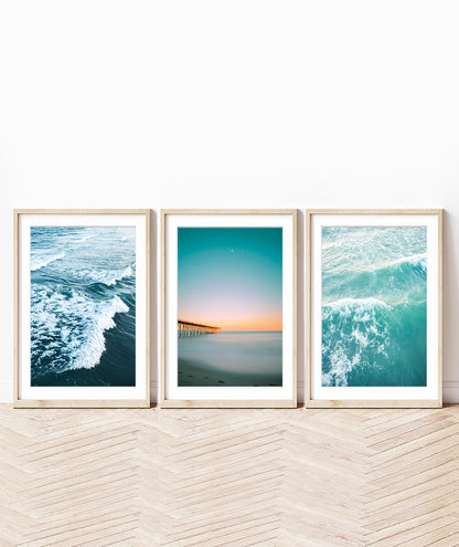 set of 3 teal blue sunset beach photographs by Wright and Roam