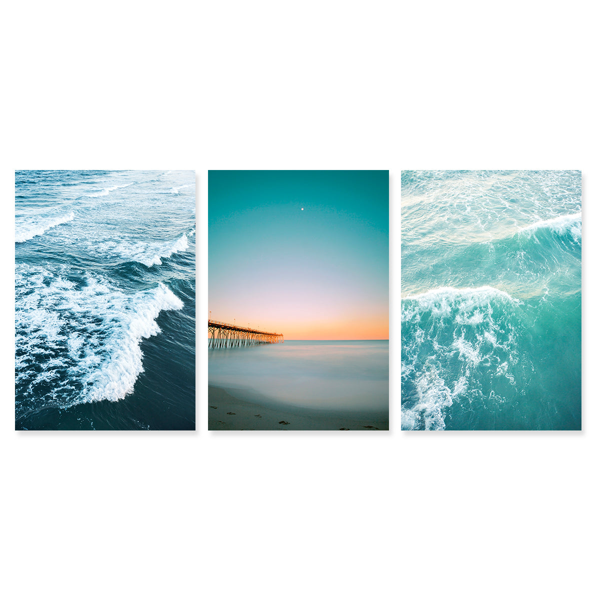 set of 3 teal blue sunset beach photographs by Wright and Roam