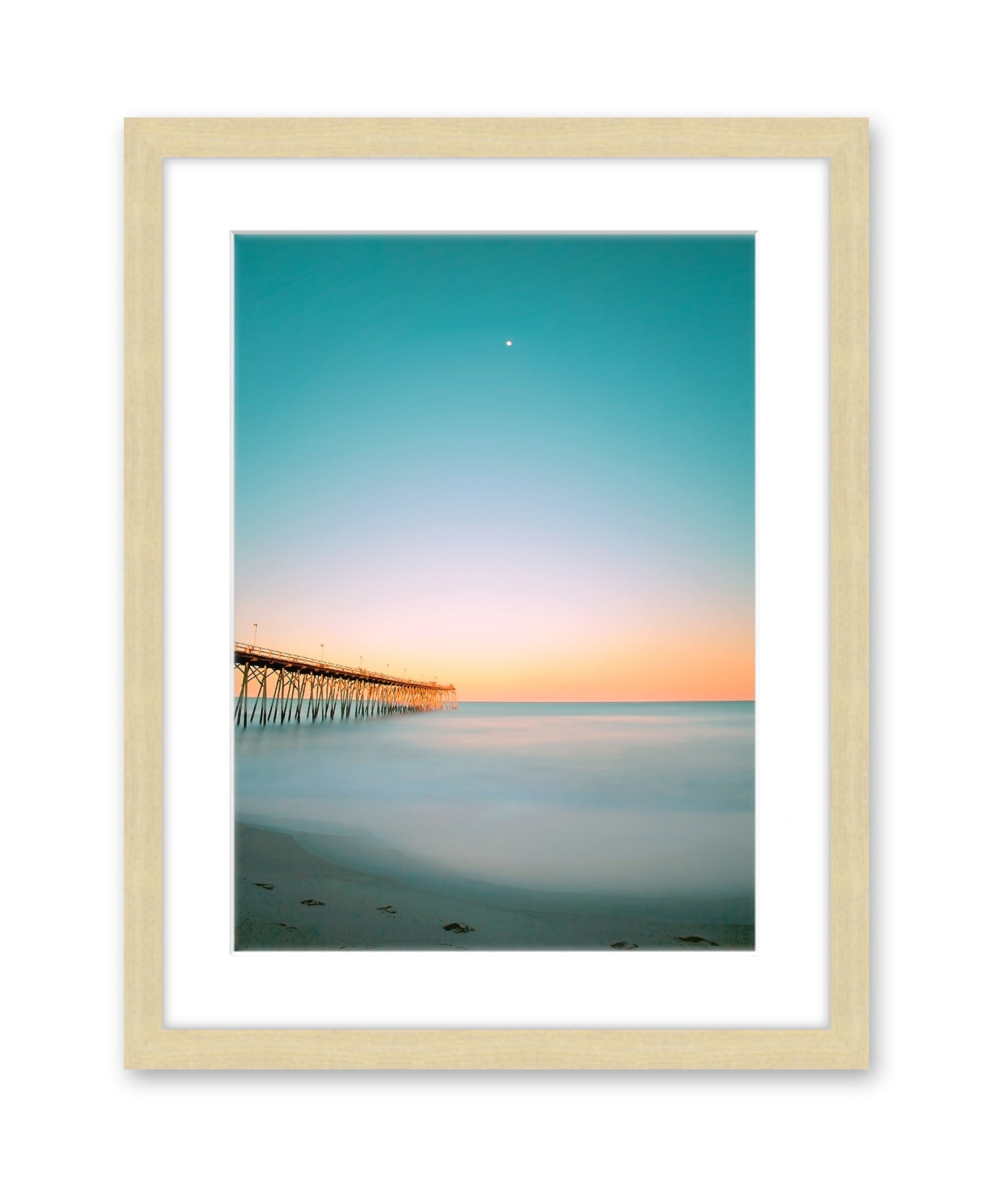 teal sunset beach photograph, natural wood frame by Wright and Roam