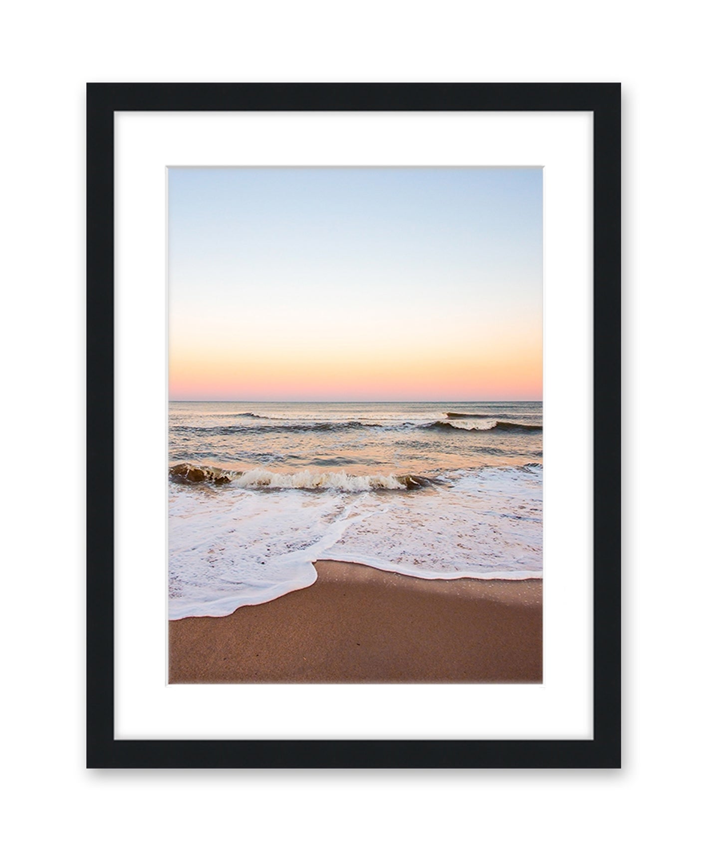 warm sunset beach print, black wood frame wright and roam