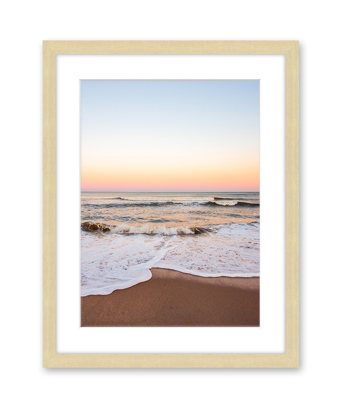 warm sunset beach print, natural wood frame wright and roam