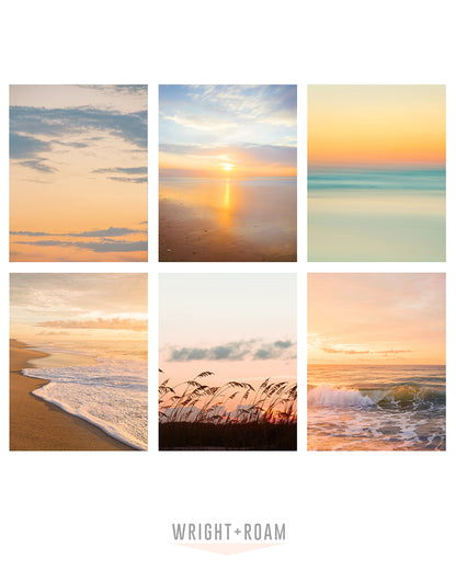 gallery wall set of six warm sunrise beach photographs by Wright and Roam