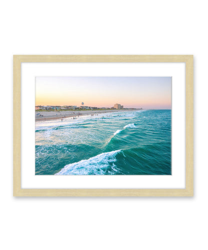 teal aerial Wrightsville beach photograph, natural wood frame by Wright and Roam