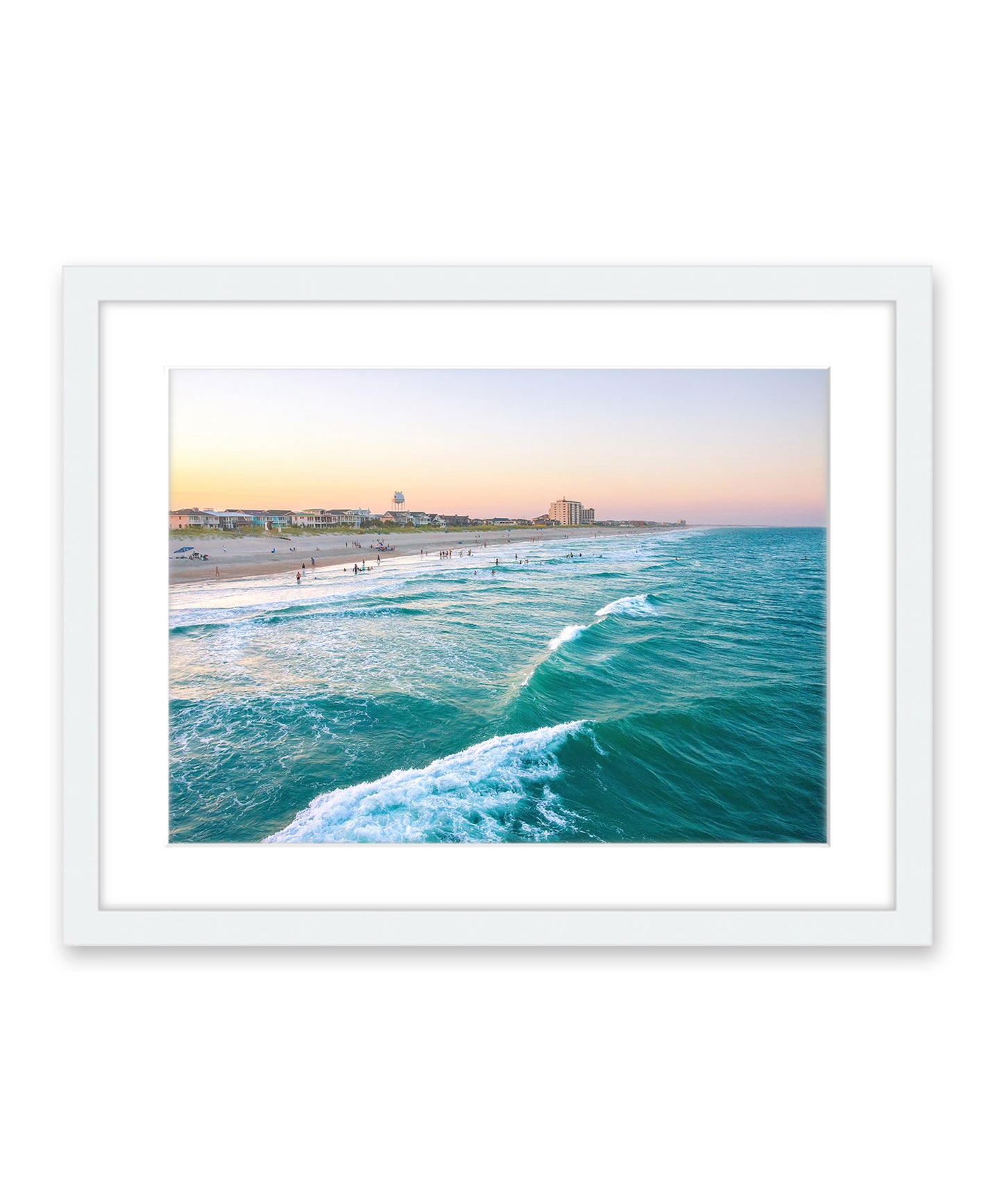 teal aerial Wrightsville beach photograph, white wood frame by Wright and Roam