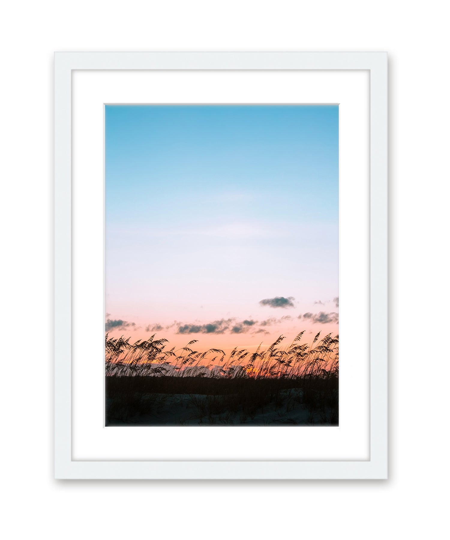 Blue Sunset Beach Print, White Frame by Wright and Roam